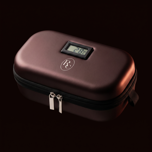 Reset Concierge temperature case at a three quarter angle, hard oxblood shell with twin zip pulls
