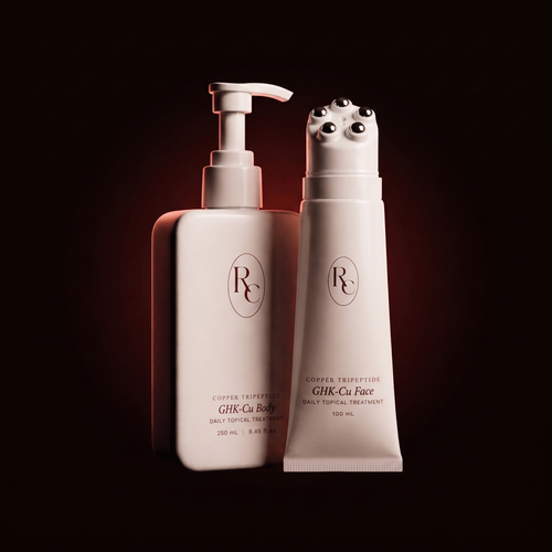 GHK-Cu Face and Body set, the 250 mL pump bottle and the 100 mL roller tube together